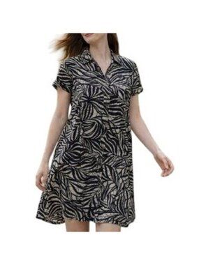 Banana Republic Black White Leaf Print Shirt Dress Womens 6 Linen Bld Classic
